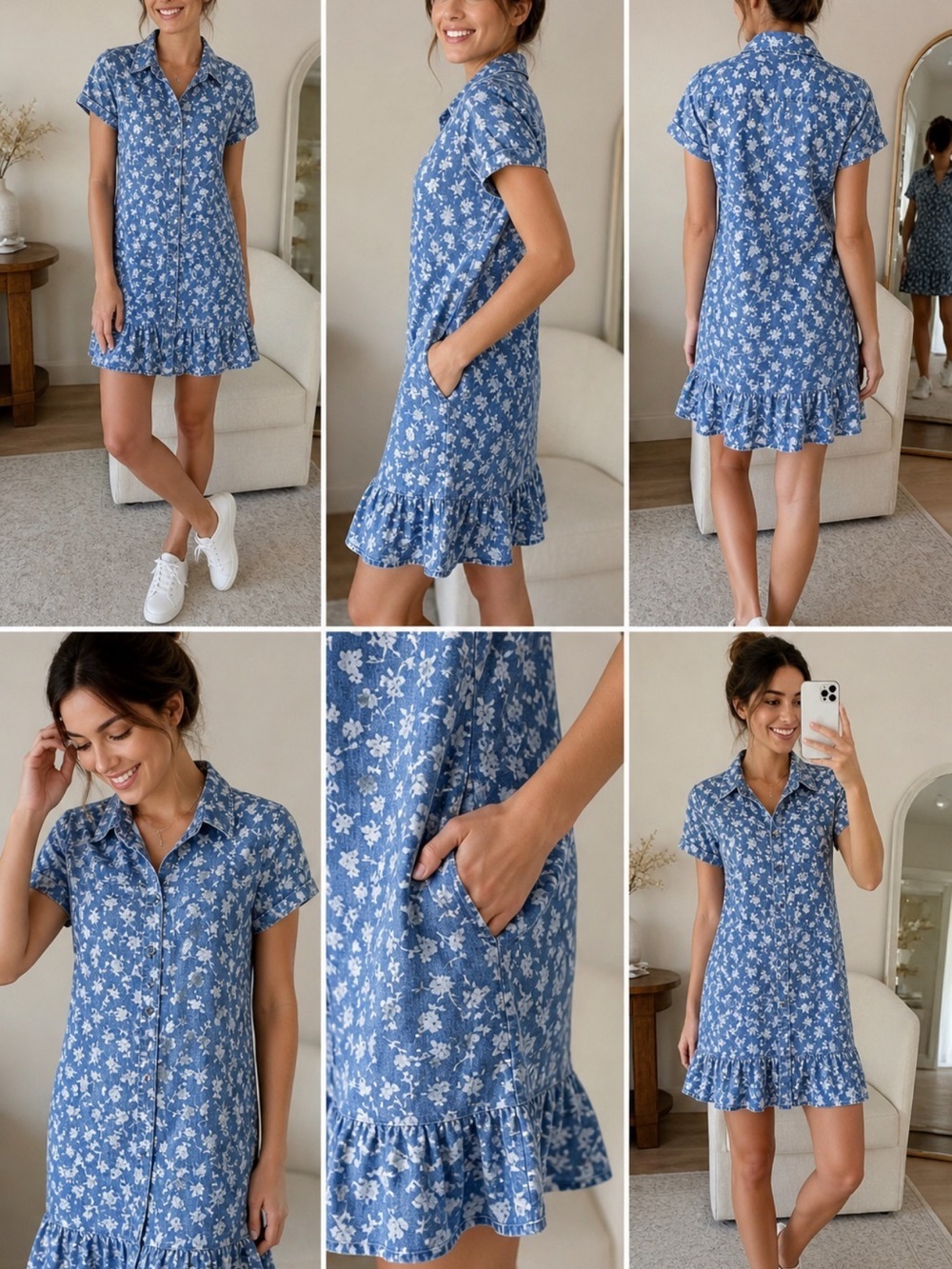 Velvet Heart Blue Floral Button-Down Ruffle Mini Dress